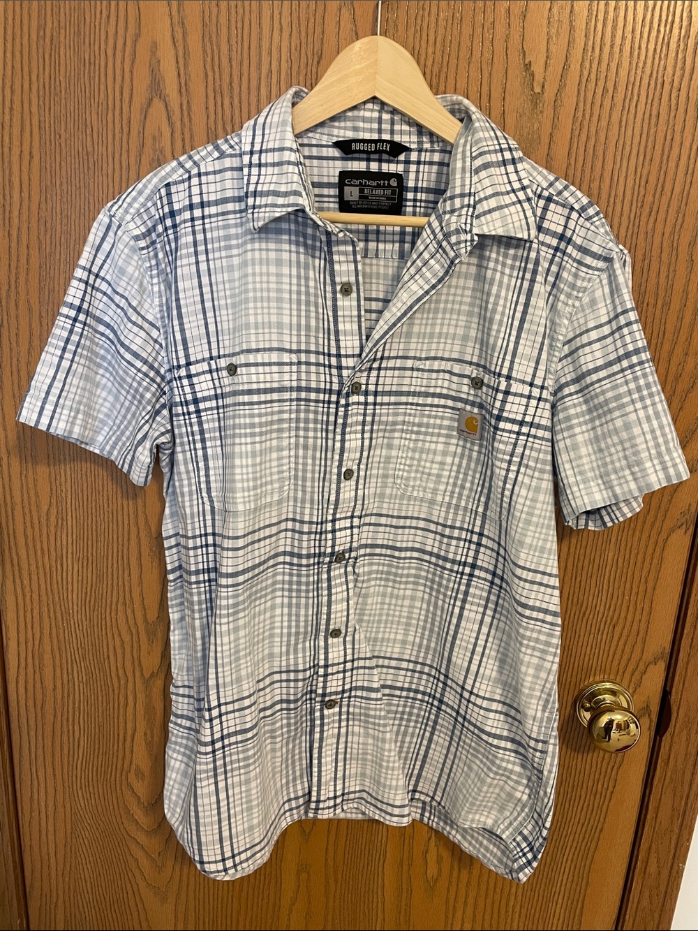 Carhartt Men’s Short Sleeve Plaid Button-Down Shirt - Light Blue & Navy